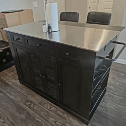 BRAND NEW Large Rolling Mobile Center Kitchen Island With Stainless Steel Counter Top & Power Outlet On Wheels With Drop Leaf Storage Drawer Cabinet