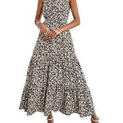 Prettygarden Size Medium Maxi Dress One Shoulder Coffee Floral Print Ruffle Hem 