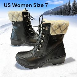 NEW Sorel Snow Boots Winter Waterproof Fur Trim Outdoor Warm Black Women Size 7