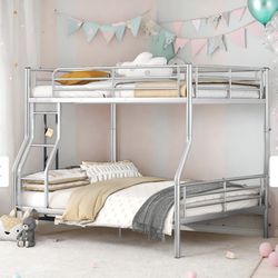 Contemporary Bunk Bed,Full XL Over Queen Metal Bunk Bed with Contemporary Design & Safety Features,Split Into 2 Beds