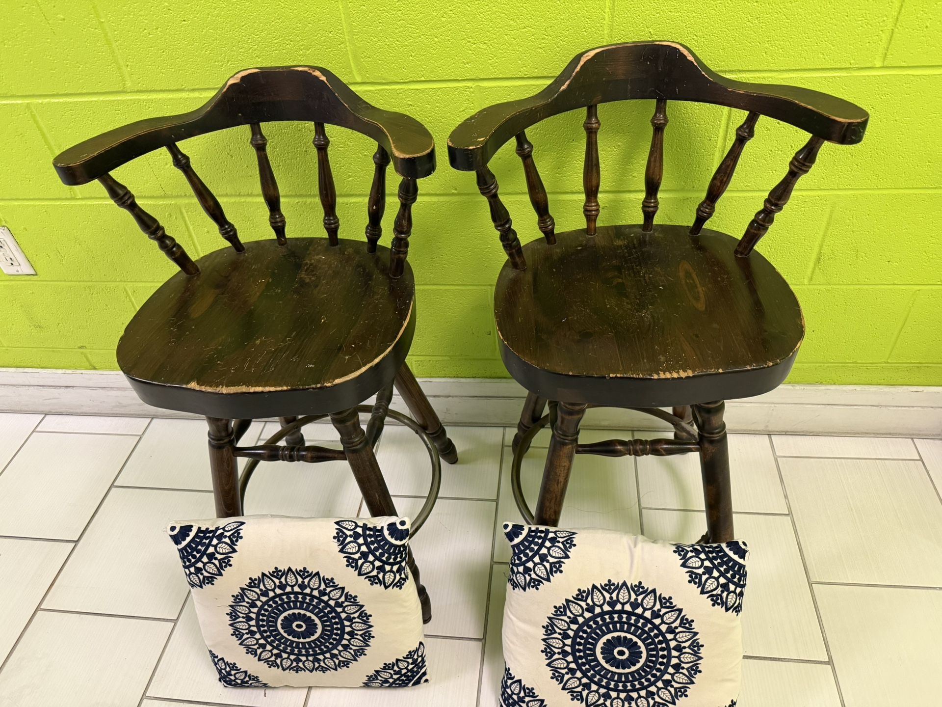 Solid Wood Brown Stools x2 with pillows