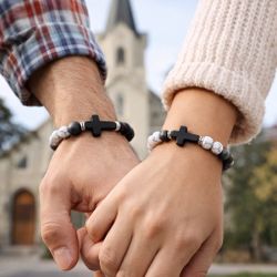 Vintage Stone Bead Cross Bracelet Set Couples Friends Unisex New