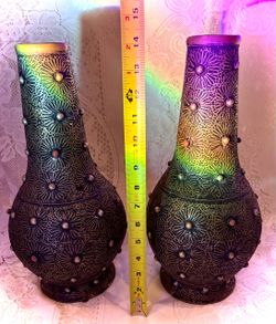 Vintage Etched Black & Gold Brass Metal Vases (Matching Pair) - 14" Tall