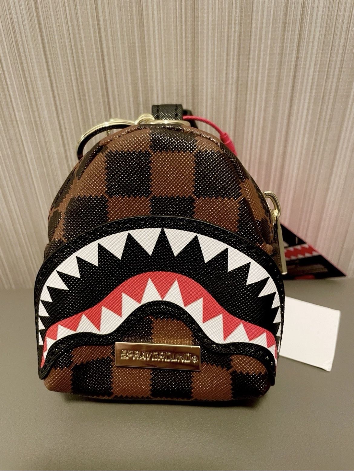 Sprayground Shark Backpack Keychain Bag Charm Check Brown
