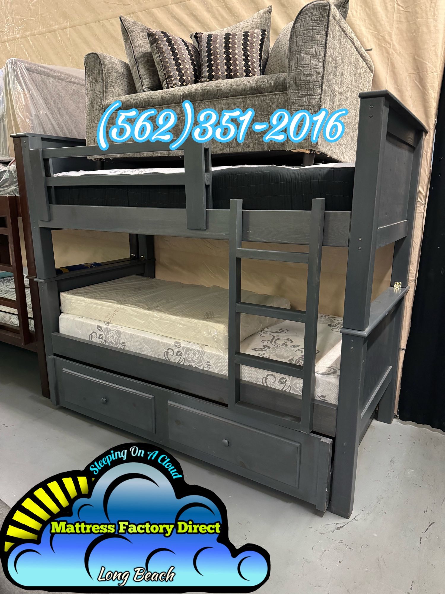 Triple Twin Grey Bunk Bed With Mattresses Colchones Trundle New