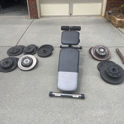 Adjustable Weight Bench, Olympic Bar and Cave Man Weights