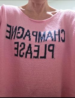 PINK KNIT SWEATER WITH 'CHAMPAGNE PLEASE' - SIZE LARGE