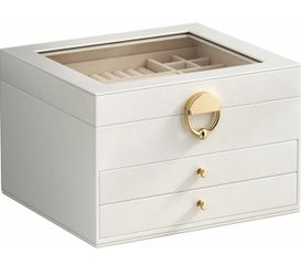 Brand New in box 3-Layer Jewelry Box with Mirror – White Velvet Organizer