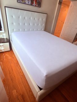 Queen Leather Bedframe & mattress and Two Matching Nightstands