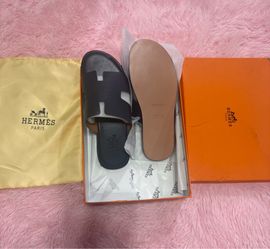 Hermes Black Leather Oran Slide Sandals