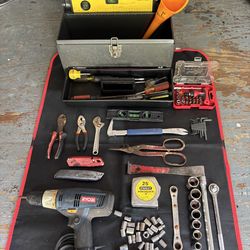 Metal toolbox, drill & misc tools