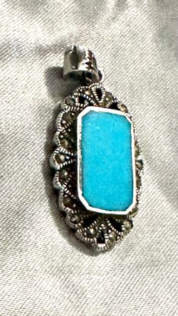 Vintage 9.25 Sterling Silver Marcasite and Turquoise Necklace Pendant