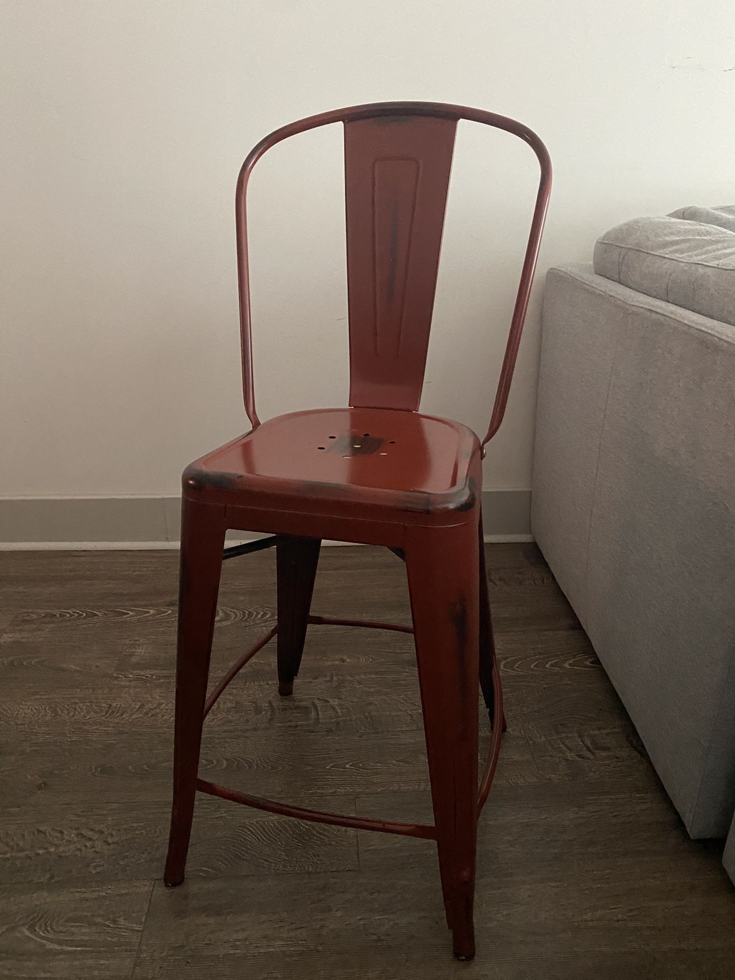 Set Of 4 Red Metal Bar Stools