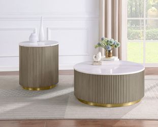 Jason Greige/White Marble 2-piece Round White Marble Coffee Table Set