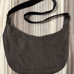 BAGGU Medium Denim Crescent Bag Washed Black Denim Strap Altered