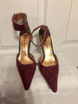 Burgundy snake skinned heels with ankle straps