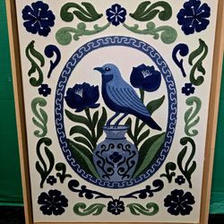 Vintage Crewel Embroidery Blue Bird w/ Flowers Framed 19"×14.5"
