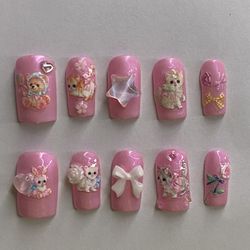 Pink Girly Cat Coquette Press On Nails