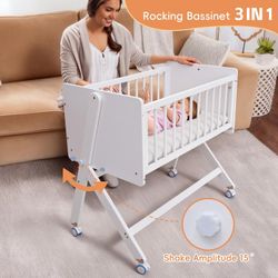 Rocking Bedside Baby Bassinet - 3-in-1 Baby Crib with Mattress,Wheeled Pine Wooden Bassinet Bedside Sleeper,Portable Co Sleeper for Small Room and New