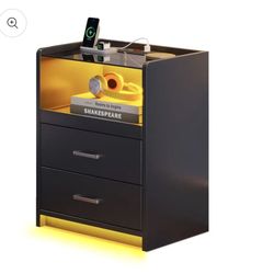 Nightstand with Charging Station and LED Lights Black