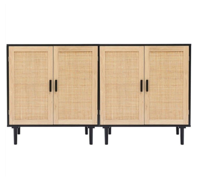 NEW/IN-BOX **UNASSEMBLED** TWO (2) LuxenHome 63" Wide (combined) Boho 4-Door Rattan Front Black/Natural Cabinet/TV Entertainment Console