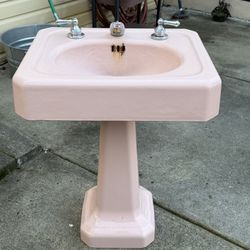 Pink Ceramic Rectangular Pedestal Bathroom Sink and toilet. As is.
