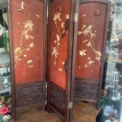 Antique Asian 1900s Table Top Screen Four Panel Folding 38 By 44 