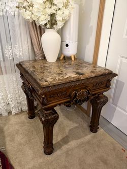 Carved Wood End Table with Marble Top