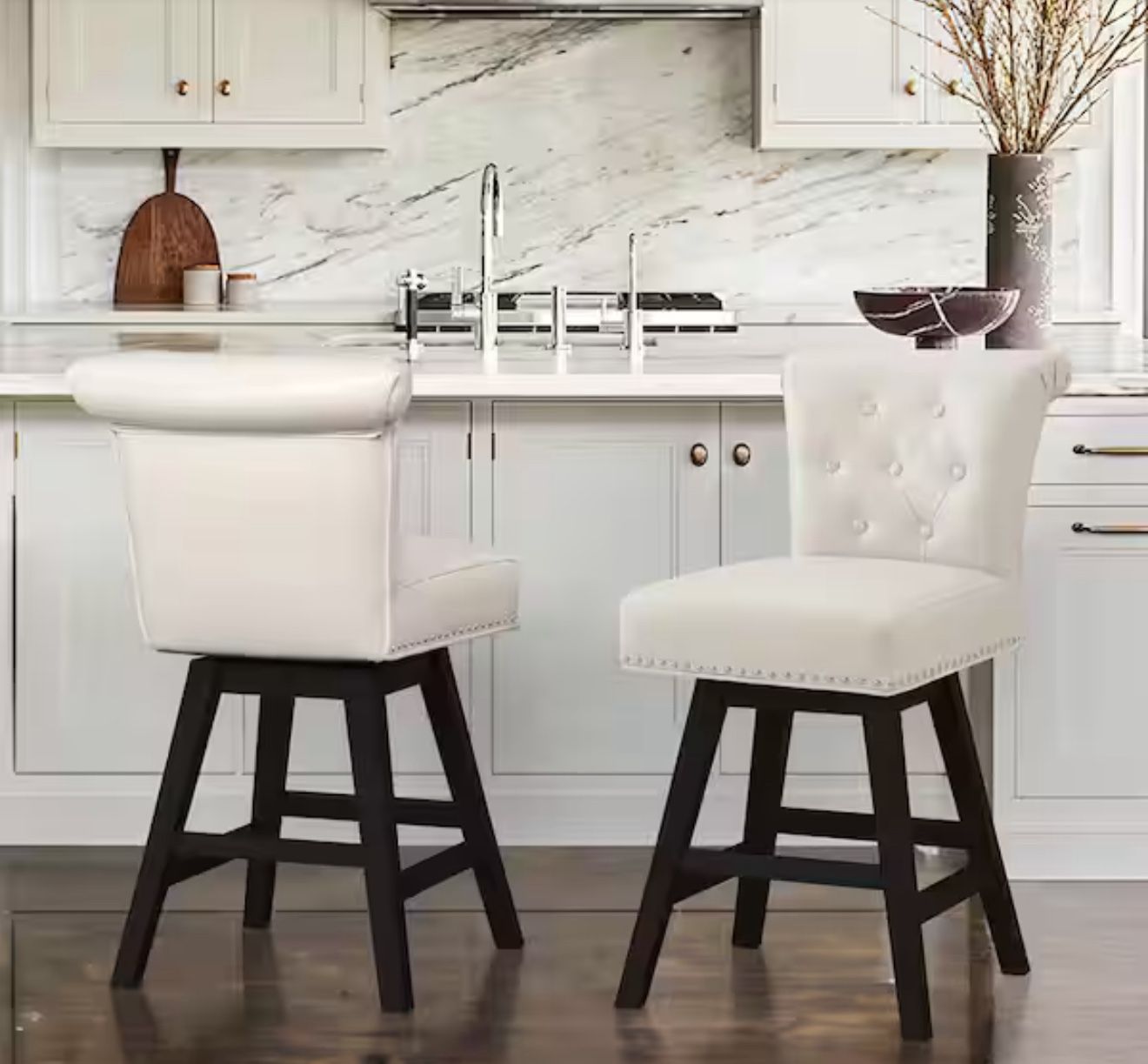 26 in. White Faux Leather Swivel Barstool Solid Wood Counter Stool with Nail Head Trim and Tufted Backrest (Set of 2)