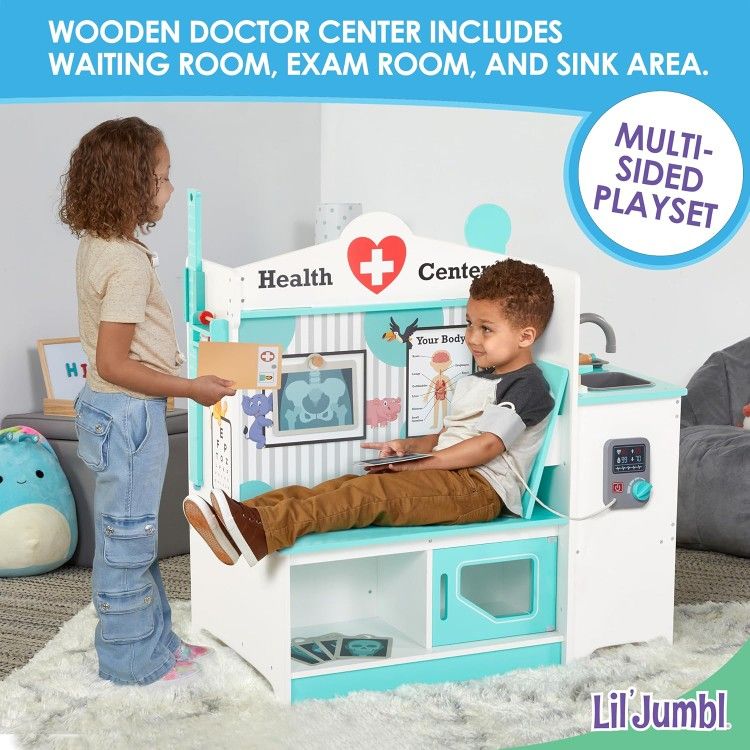 Wooden Doctor Playset Multi Sided Medical Office Activity Center with Exam Room Check in & Waiting Areas Toddler Playset Doctors Office Pretend Pl