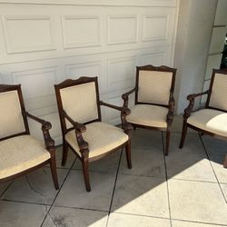 Set Of 4 Vintage Carved Wooden Upholstered Armchairs 
