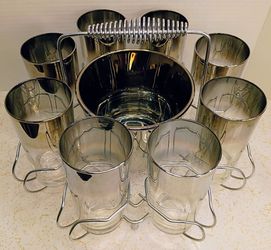Mid Century Modern Dorothy Thorpe 8 Silver Fade Highball Glasses & Ice Bucket Barware Caddy Set