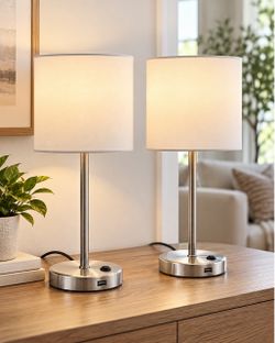 Set of 2 Modern Bedside Table Lamps with USB Charging Ports
