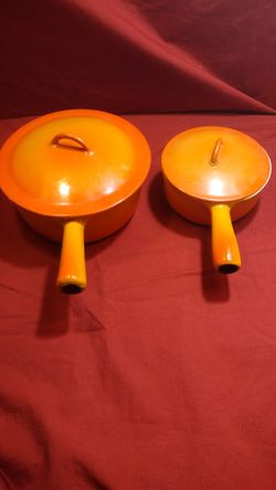 2 Orange Enamel Covered Cast Iron Saucepans 