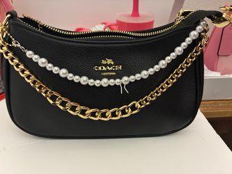 Coach Black Leather Shoulder Bag with Pearl Chain