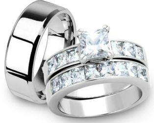 Stainless Steel Her & His Wedding Ring Set & Men's Band
