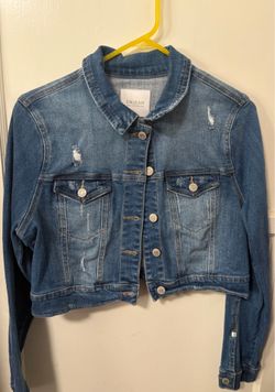 Cropped blue denim jacket distressed size large women’s
