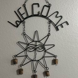 Handcrafted Metal Sun Welcome Sign Wind Chime with Cowbells