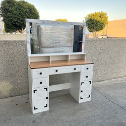 New! Vanity Desk With Mirror & Lights, Farmhouse Makeup Vanity With Power Outlet, 3 Lighting Modes, Vanity Table With 5 Drawers & 2 Cabinets