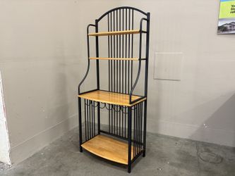 Black Metal 4 Tier Baker’s Rack with Wooden Shelves and Bottle Storage