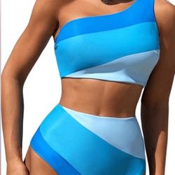 Women's Bikini Swimsuit 2 Piece Color Block One Shoulder High Waisted Bathing Suit Size XL