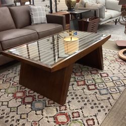 Slatted Wood Glass Top Coffee Table