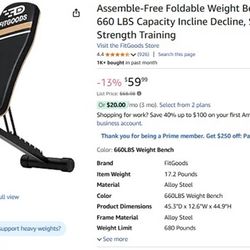 Assemble-Free Foldable Weight Bench Press for Home Gym - $30
