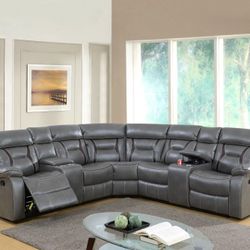 Brand New Grey Leather Reclining Sectional Sofa 