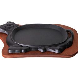 (4) Vintage Cast Iron Steak Plate Sizzle Griddle With Wooden Base