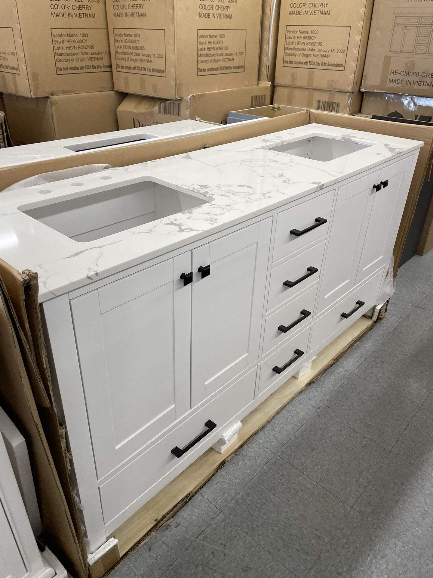 Bathroom vanity cabinet 72” solid mango Quartz top with sinks and backsplash