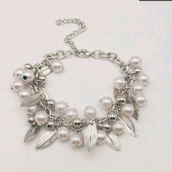 Silver Pearl Leaves Charm Bracelet 
