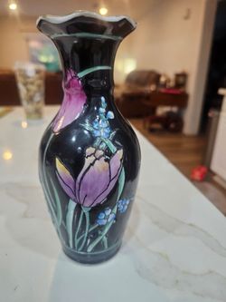 Vintage Hand Painted Black Floral Vase Tulip Scalloped Rim Porcelain 8in
