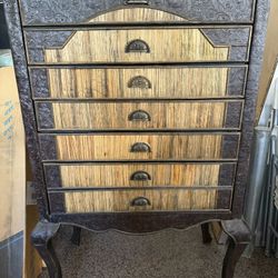 Vintage wooden tallboy 6 drawer dresser with ornate carvings