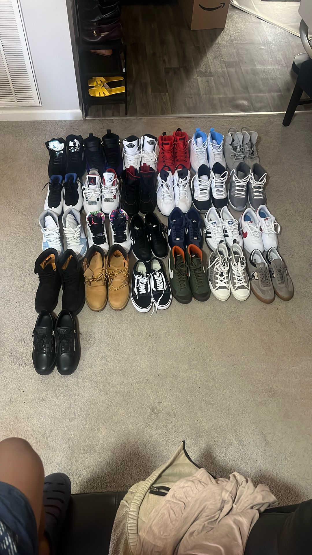 Shoe Collection. Jordan Retros, Designer Shoes, Nike, Vans, and Addidas Classics, And Timberlands Wheat And Black.